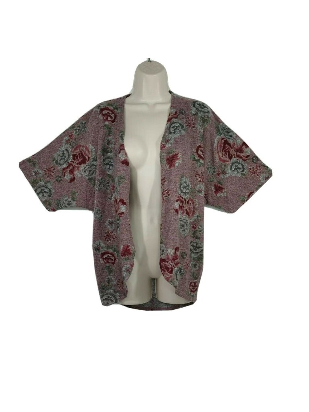 Arizona Open Front Cardigan Sweater Women Size XS S Pink Gray Floral 3/4 Sleeve